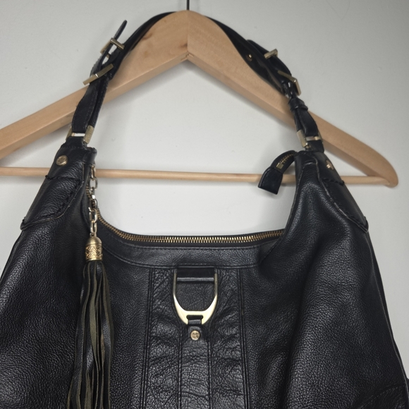 Cole Haan Hobo Handbag Soft Pebbled Black Leather With Tassel Purse - Picture 2 of 11